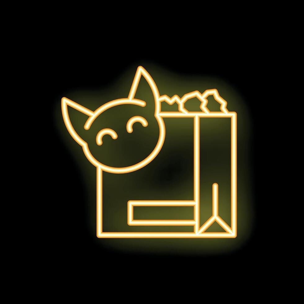 Yellow glowing neon icon of cat food bag with smiling cat face and fish bones vector