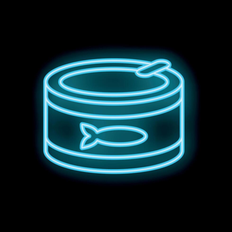 Bright blue neon sign showing a fish can on a black background vector