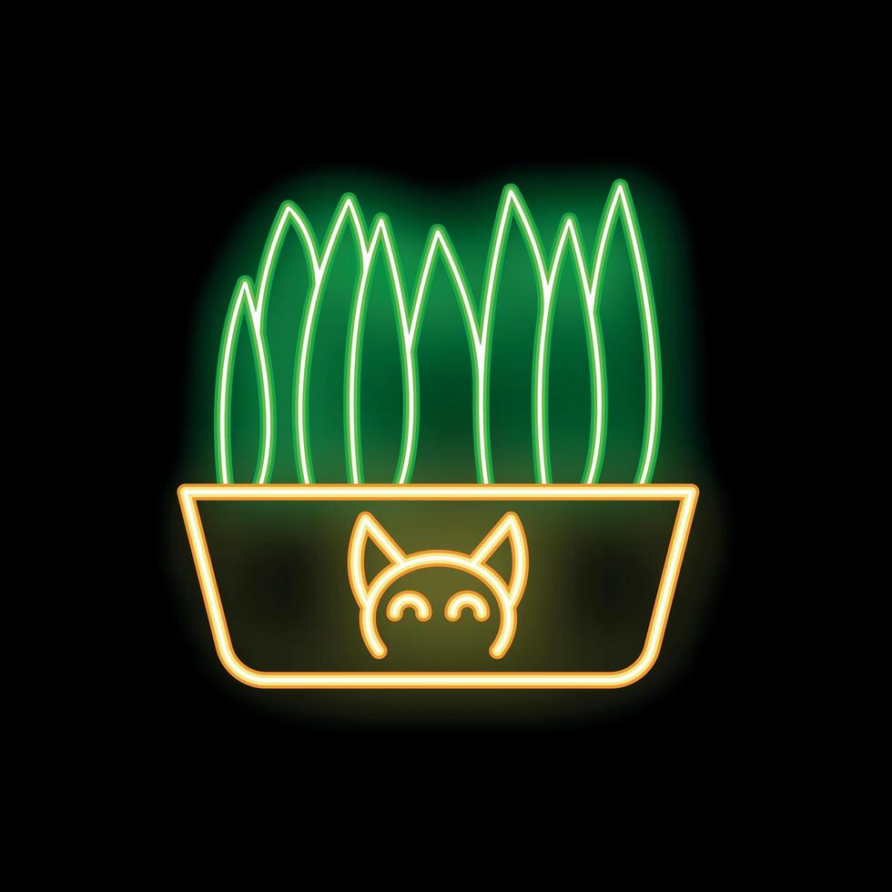 Neon cat grass growing in pot with cat face icon on black background vector