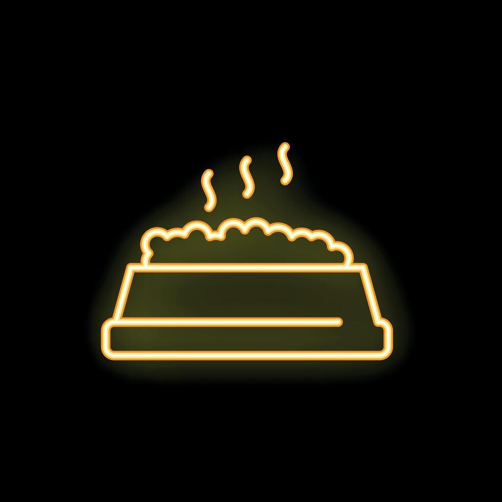 Neon icon of dog food in bowl steaming on black background vector