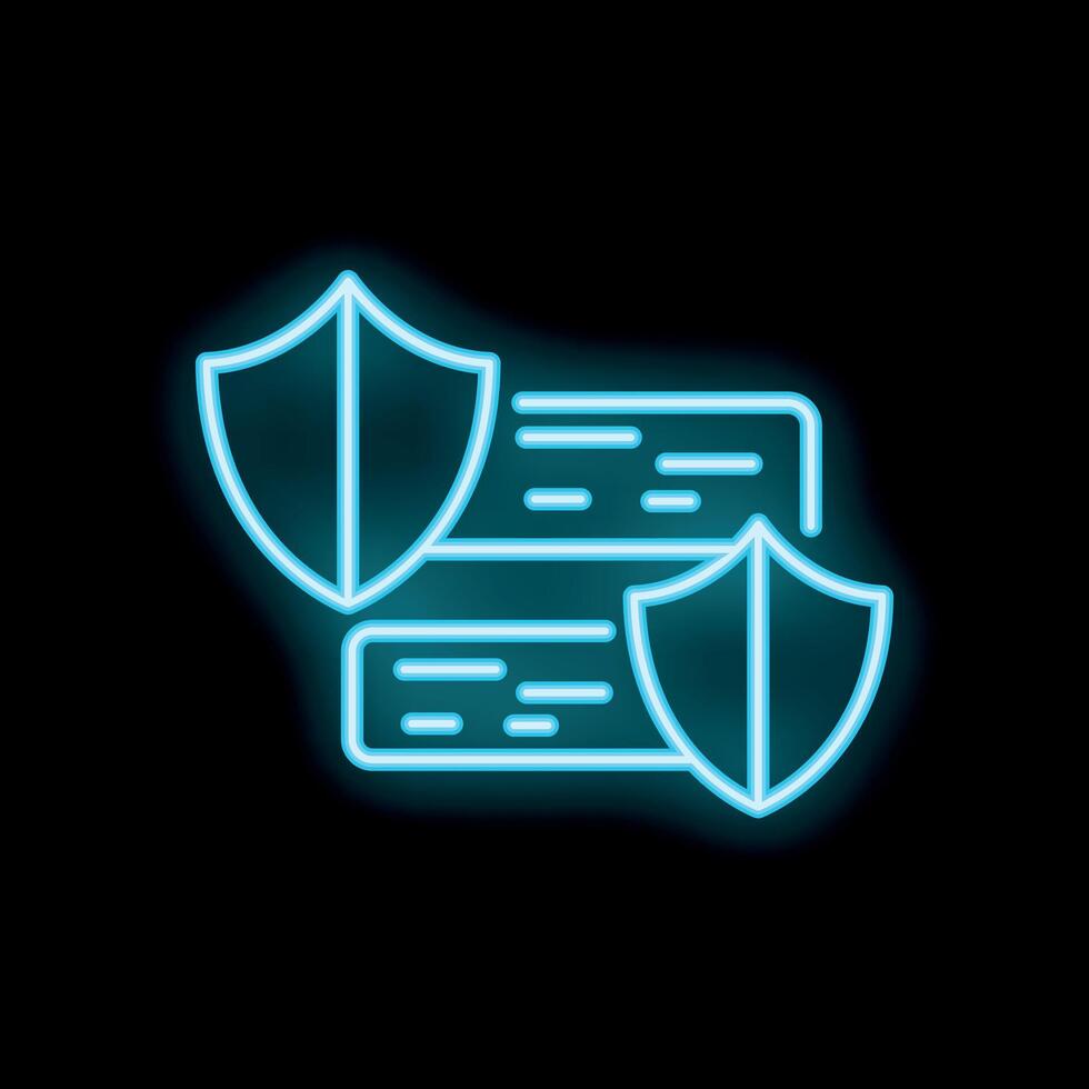 Neon icon of servers being protected by shields representing cybersecurity vector