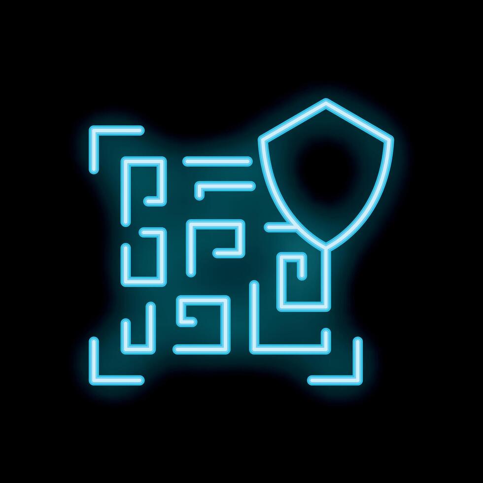 Neon blue shield protecting qr code on black background vector