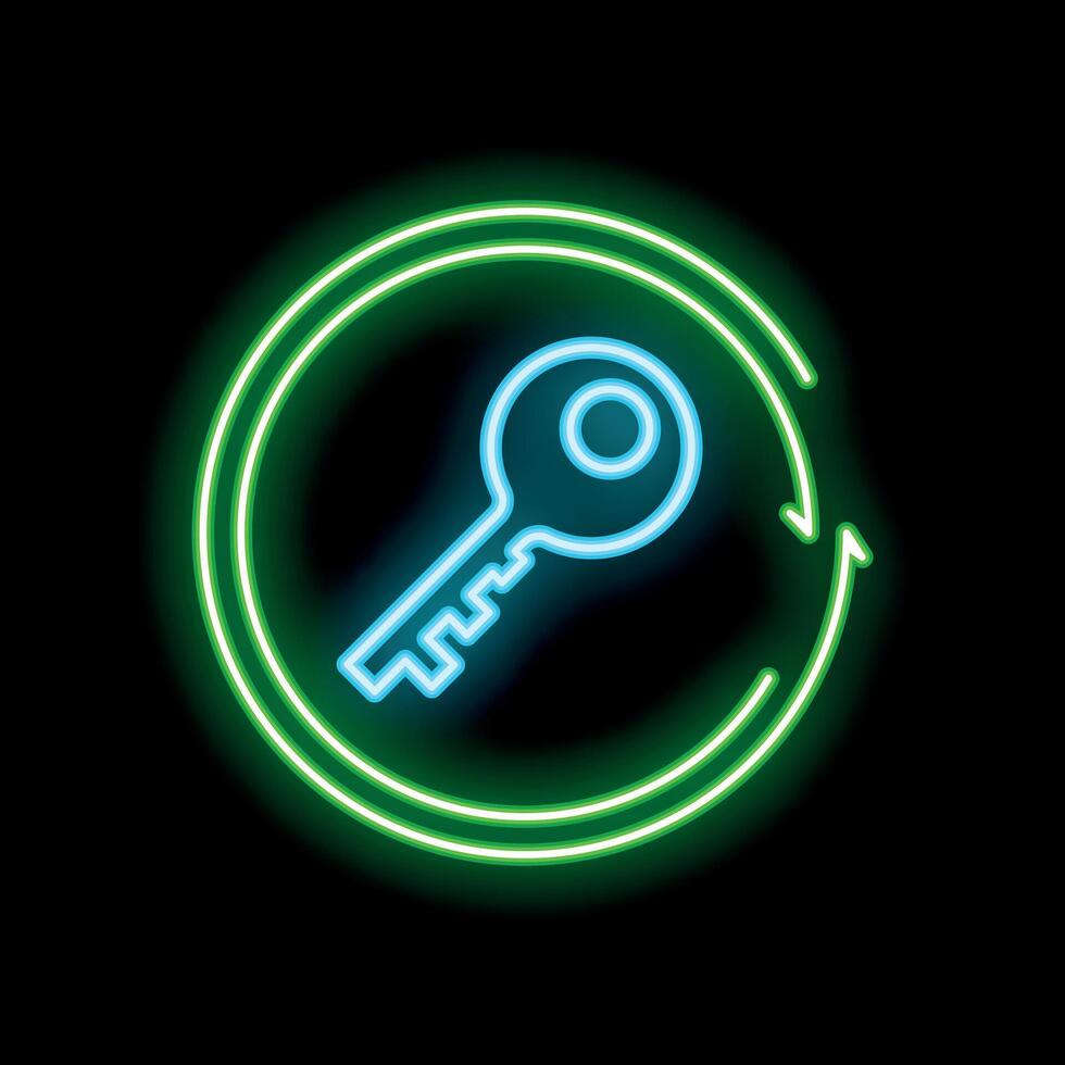 Neon key rotating inside a circle on black background vector