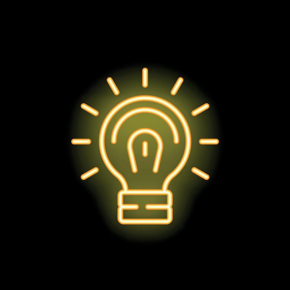 Yellow neon light bulb shining on black background representing ideas vector