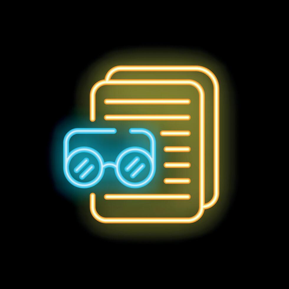 Neon icon of eyeglasses resting on stack of papers representing reading and studying vector