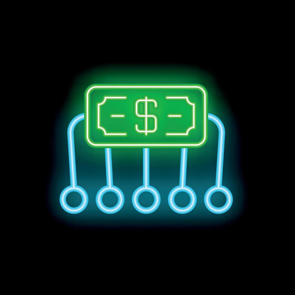 Neon green dollar bill connected to blue circles representing a network on black background vector
