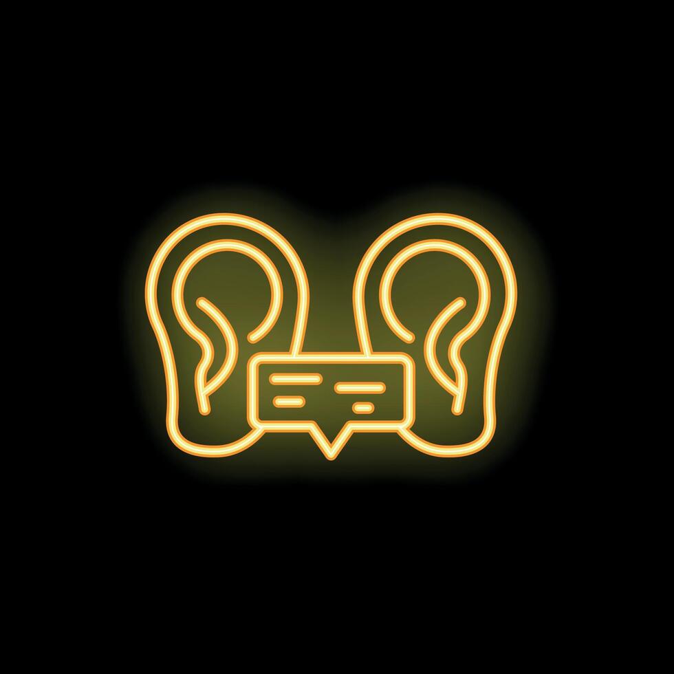 Neon icon of ears listening to a message representing communication vector