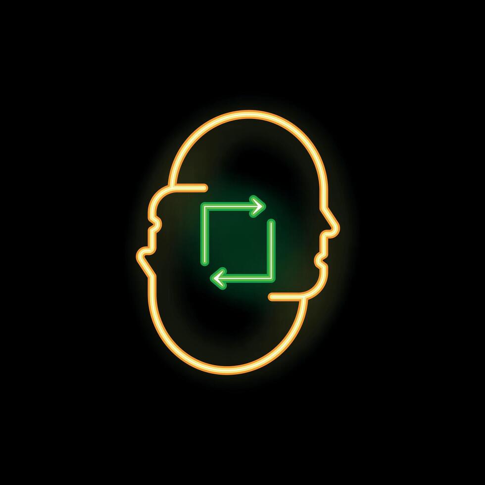 Neon icon of two human profiles facing each other with transfer arrows vector