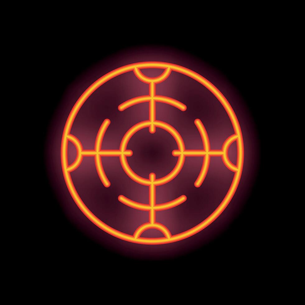 Neon sign representing a crosshair in a circle glowing on a black background vector