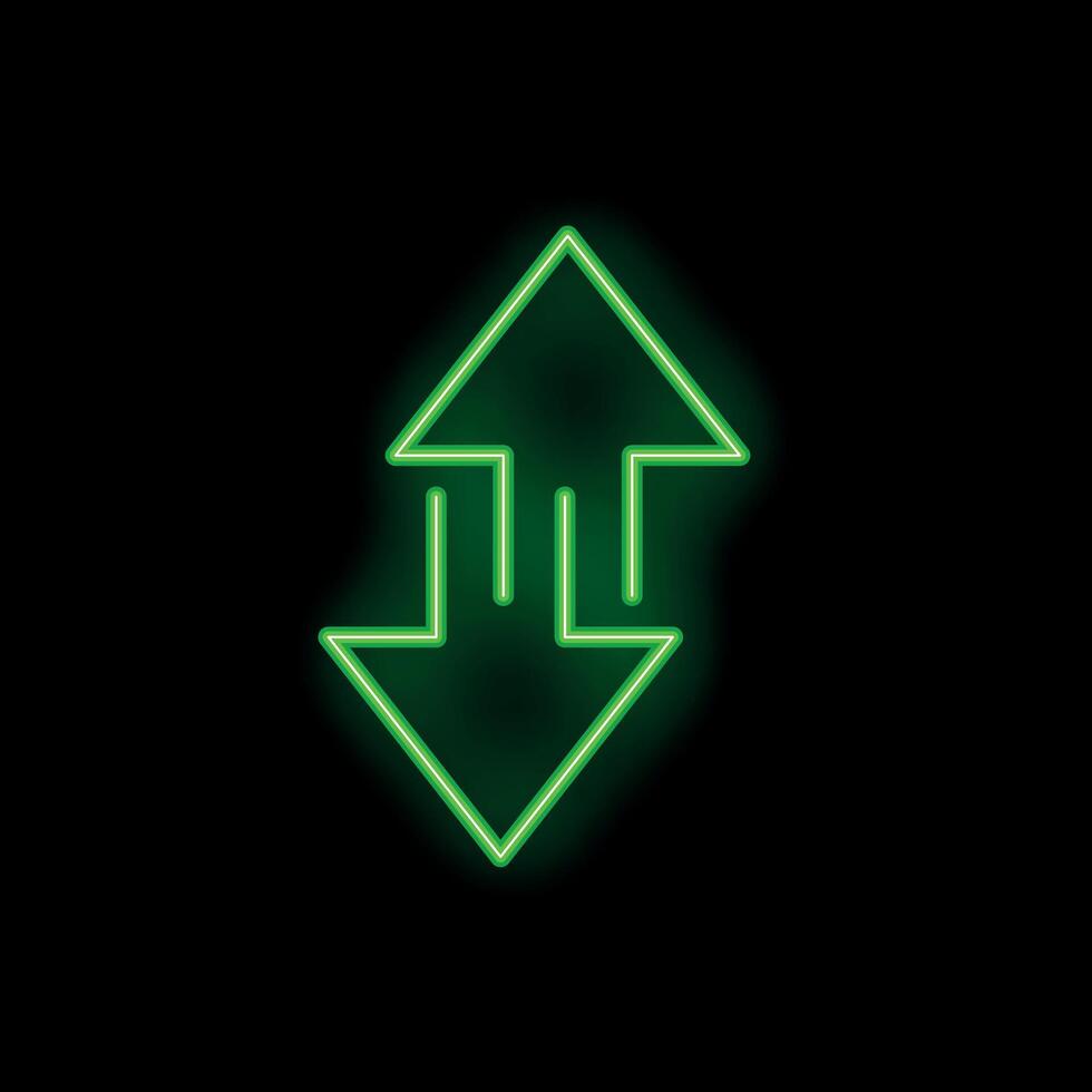 Green neon up and down arrows sign on black background vector