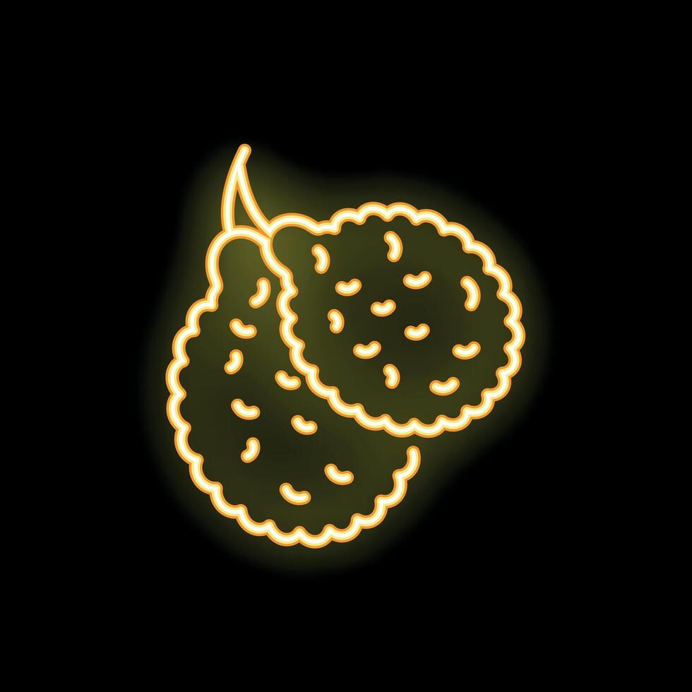 Bright yellow neon sign showing lychee fruit on black background vector