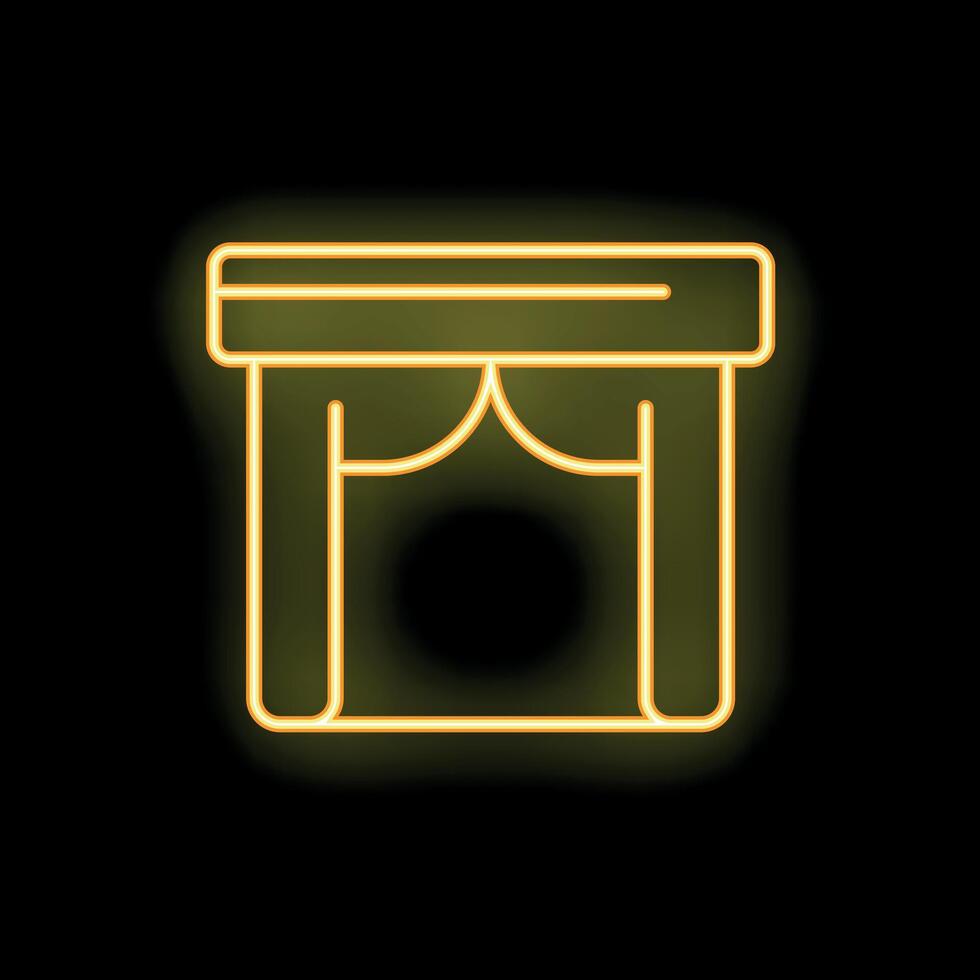 Yellow neon icon of a stage with curtains glowing against a dark background vector
