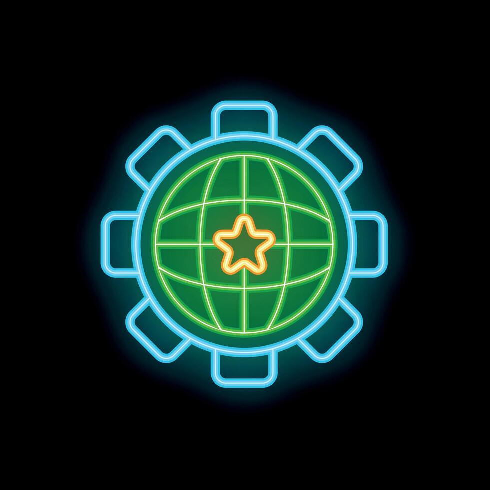 Neon icon of gear surrounding globe with star representing global business success vector