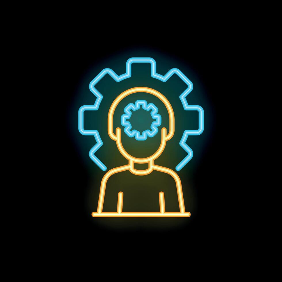 Neon icon of a manager thinking about work with gears in his head vector