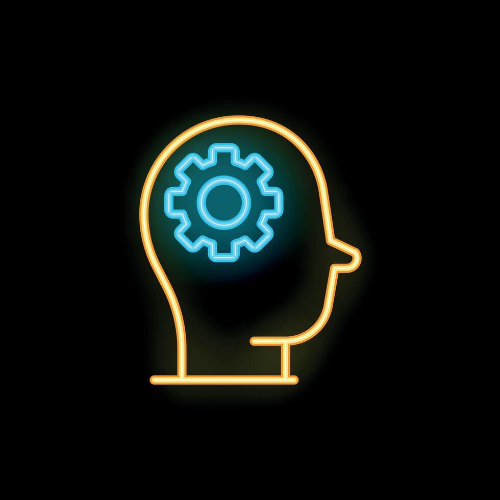 Neon sign representing human head with gear for brain illustrating thinking process vector