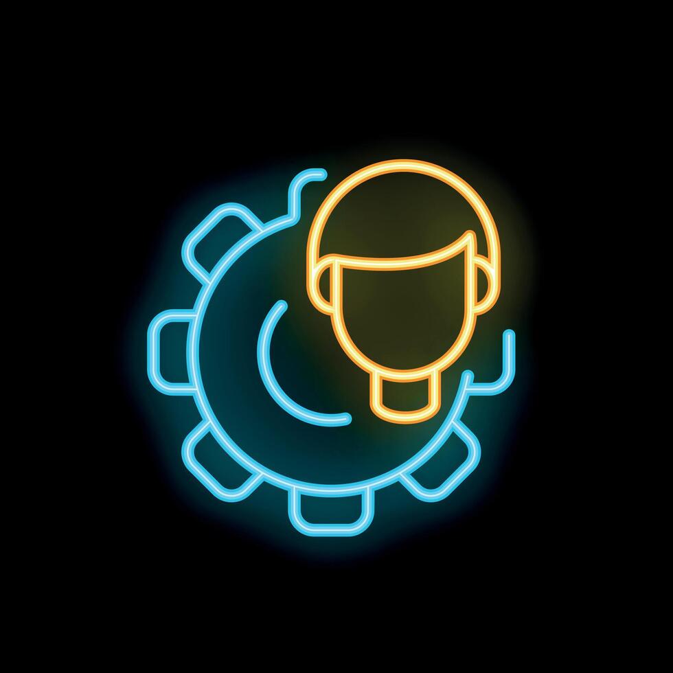 Neon icon of human head and gear representing critical thinking vector