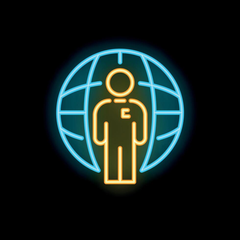 Neon sign of a businessman standing in front of a world grid representing globalization vector