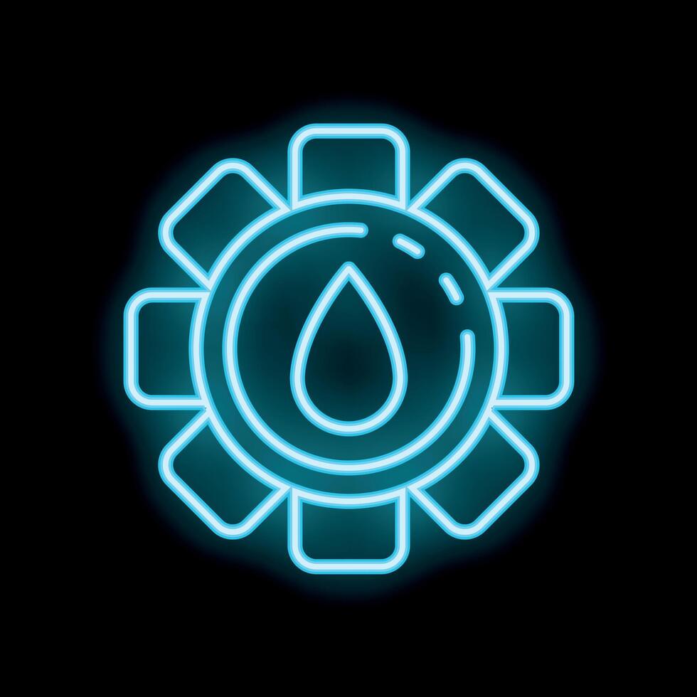 Neon water drop surrounded by cogwheel on black background vector