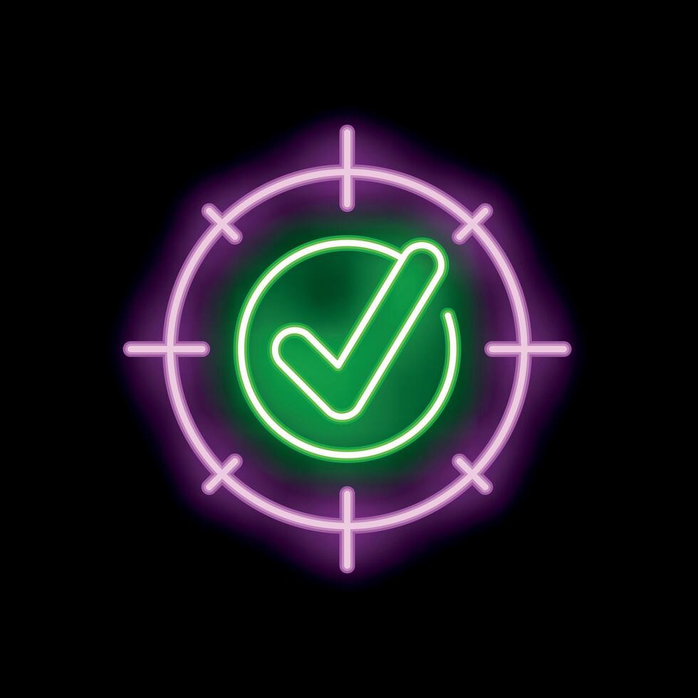 Neon sign showing check mark inside target symbol on a black background vector
