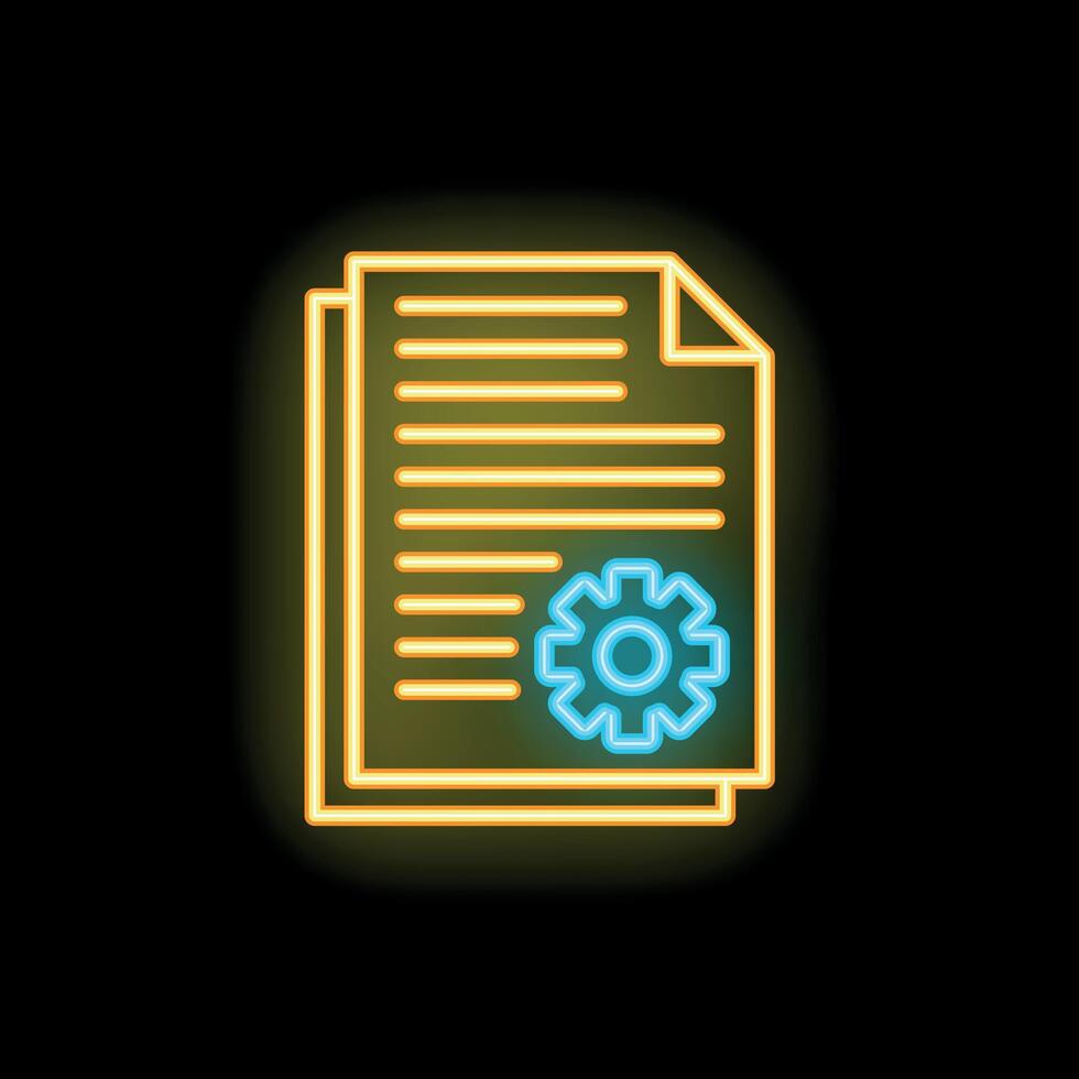 Neon icon of documents with cogwheel representing automated workflow vector