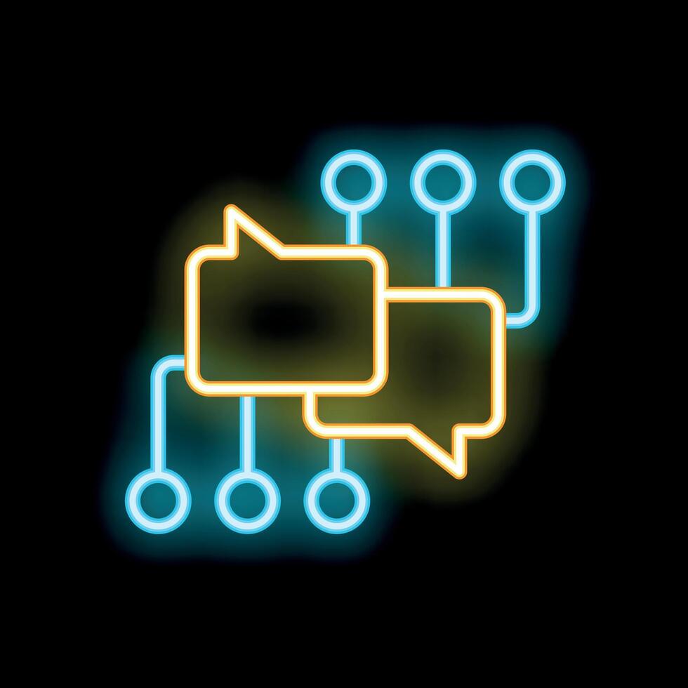 Neon sign showing chat bubbles connected with lines and circles vector