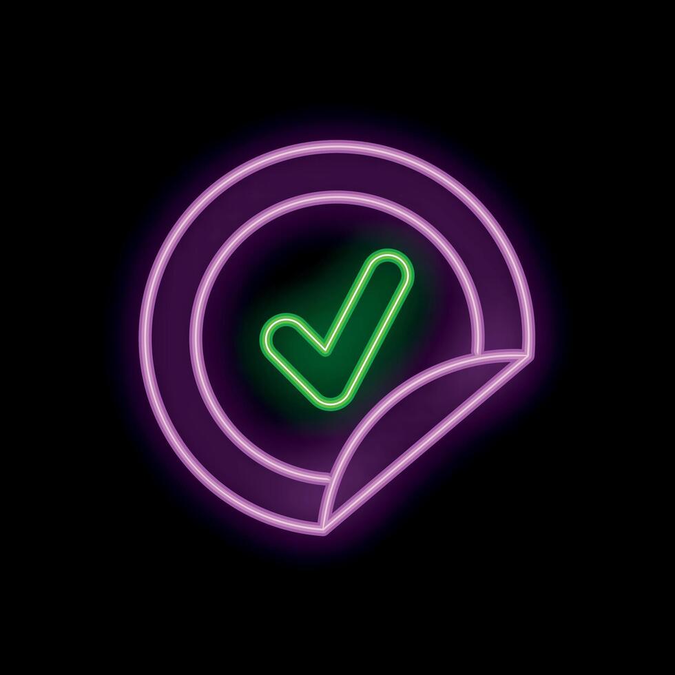 Neon style icon showing green check mark inside purple circle vector