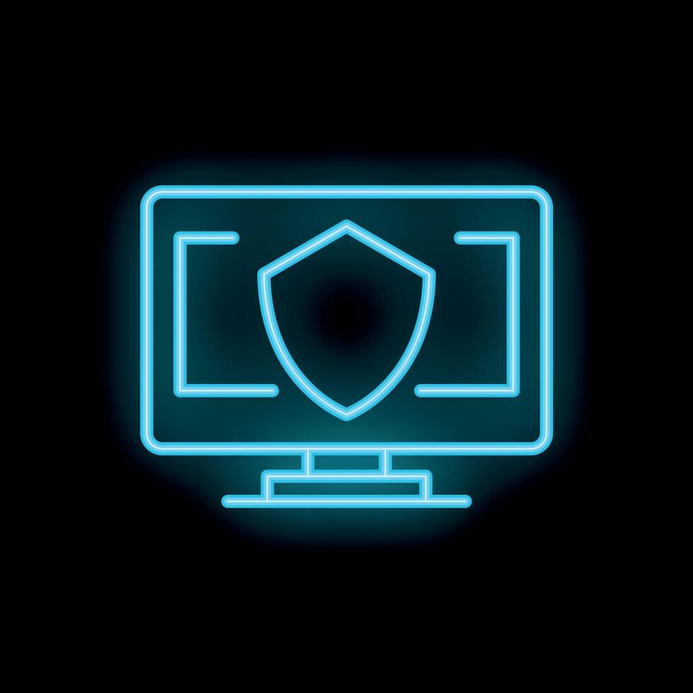 Neon computer monitor displaying security shield icon on black background vector