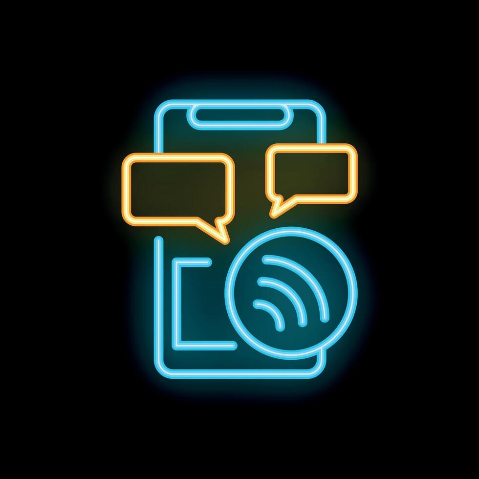 Neon icon of smartphone sending and receiving wireless data with speech bubbles vector