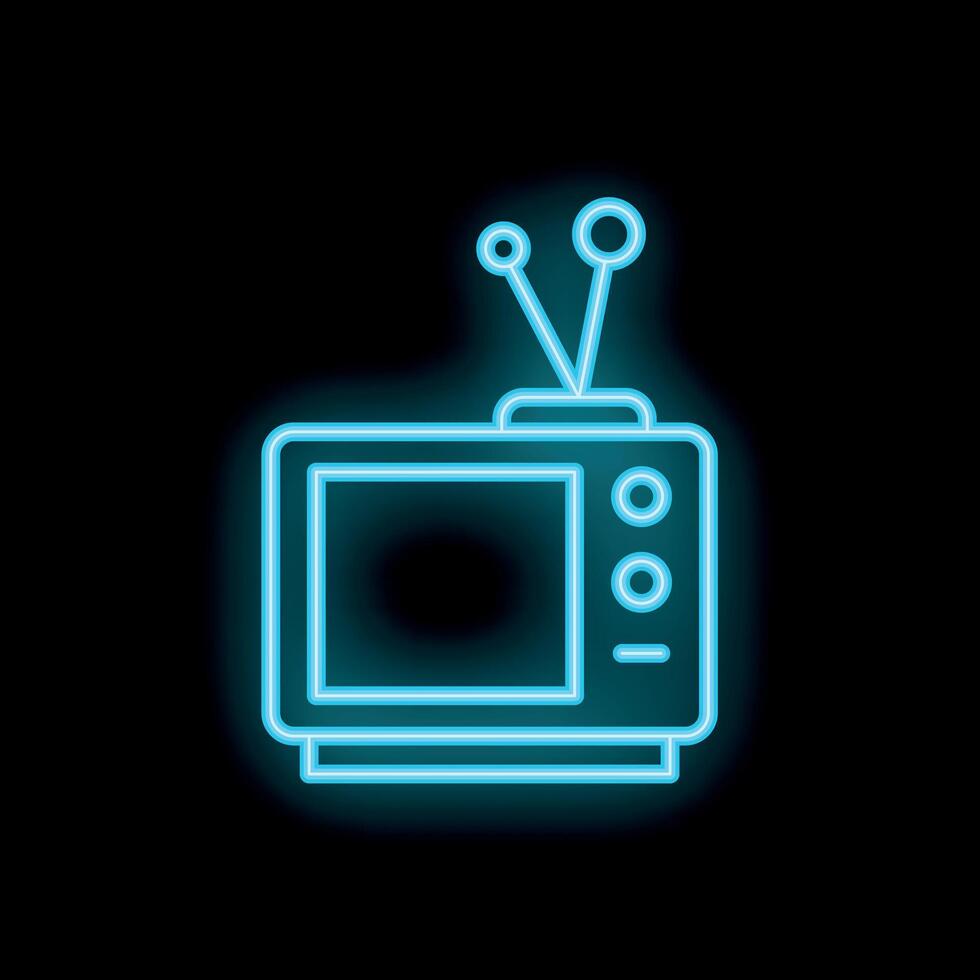 Blue neon sign representing old television set with antenna on black background vector