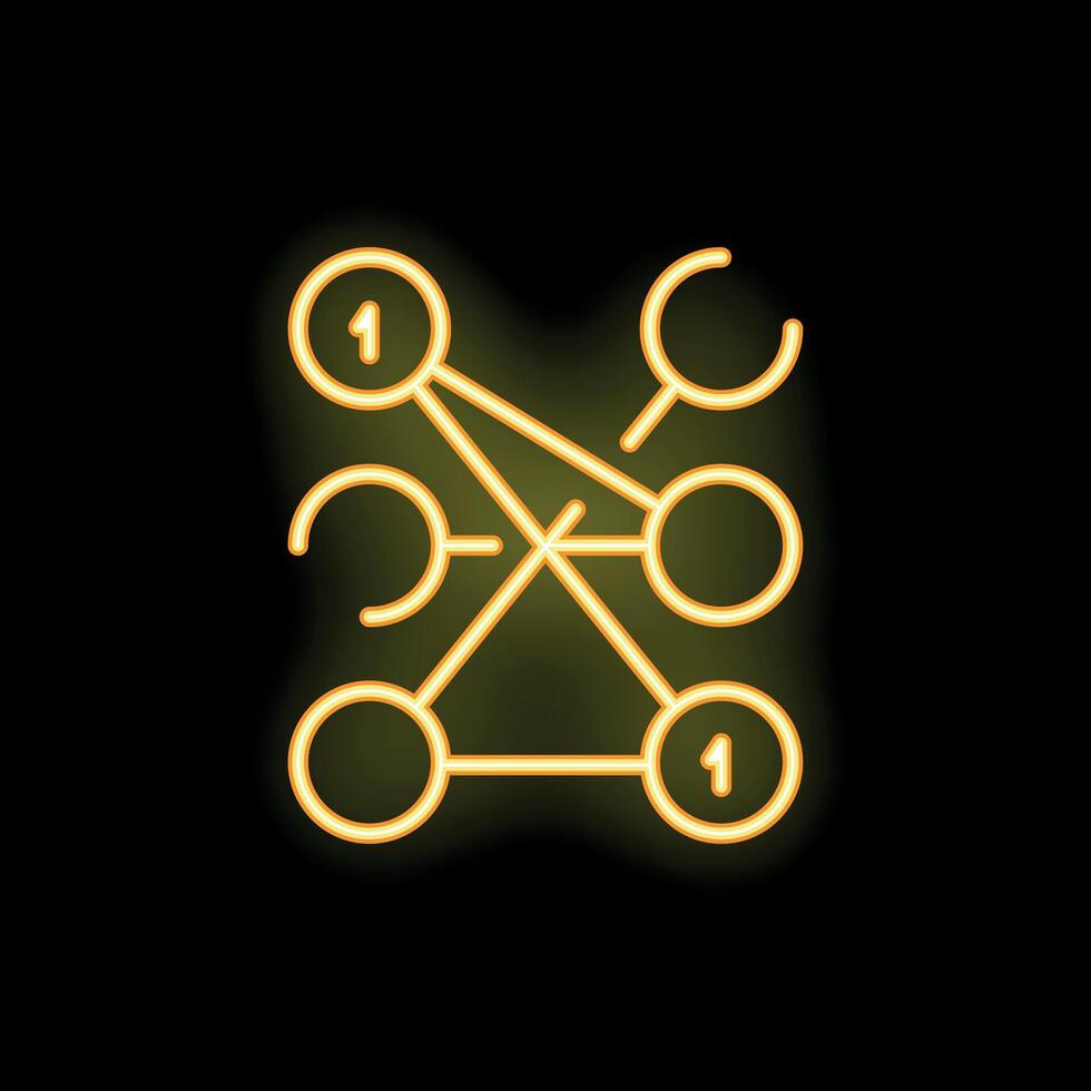 Neon style icon showing blockchain technology with nodes representing cryptocurrency transactions vector