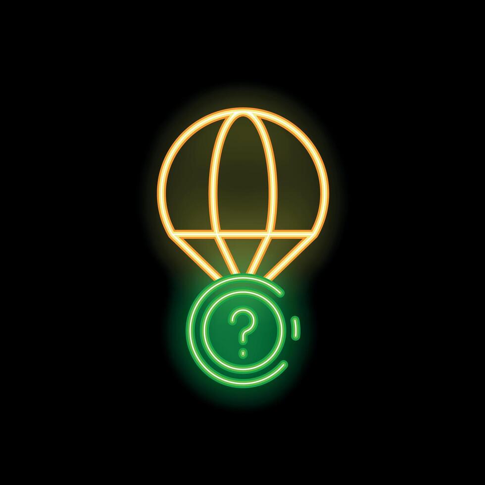 Neon sign of air balloon carrying question mark on black background vector