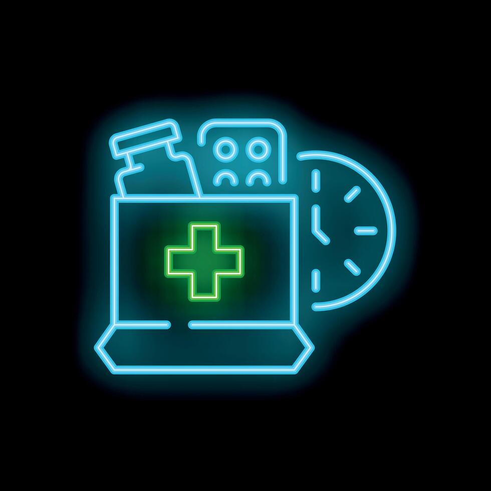 Neon sign representing online pharmacy store delivering medication with clock showing fast delivery time vector