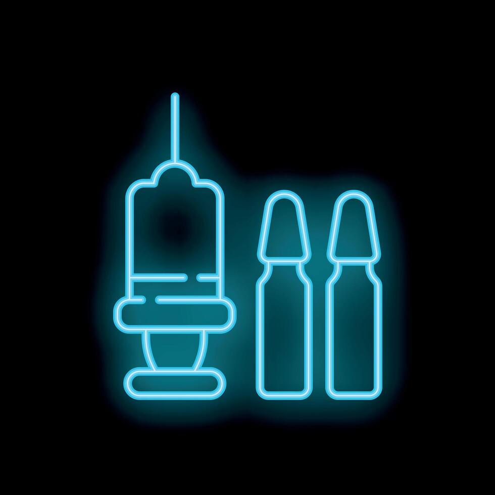 Neon syringe and medical vials glowing on black background vector
