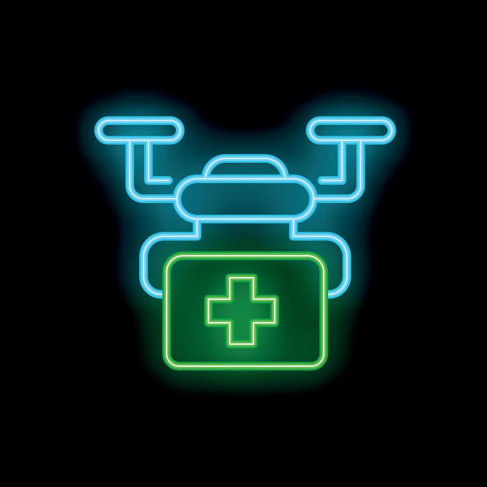 Neon icon of drone carrying first aid kit on black background vector