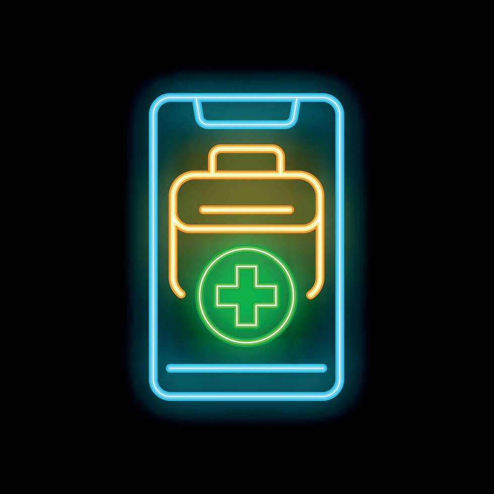 Neon sign representing online medical consultation with smartphone and first aid kit vector