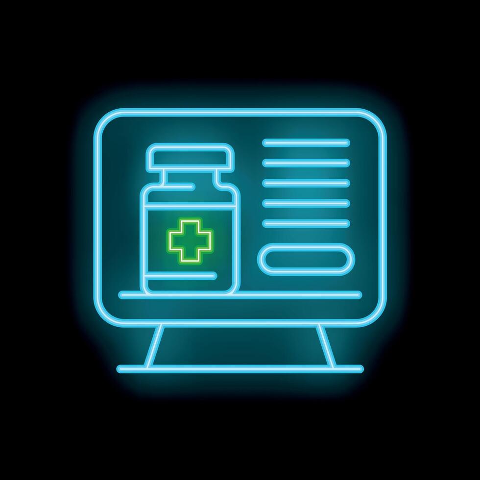 Neon sign showing online pharmacy store with medication order and delivery vector