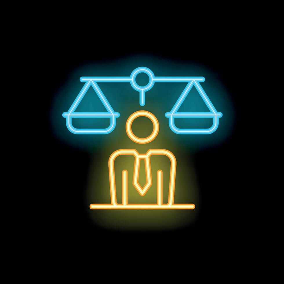 Neon icon of businessman standing behind empty balance scale vector