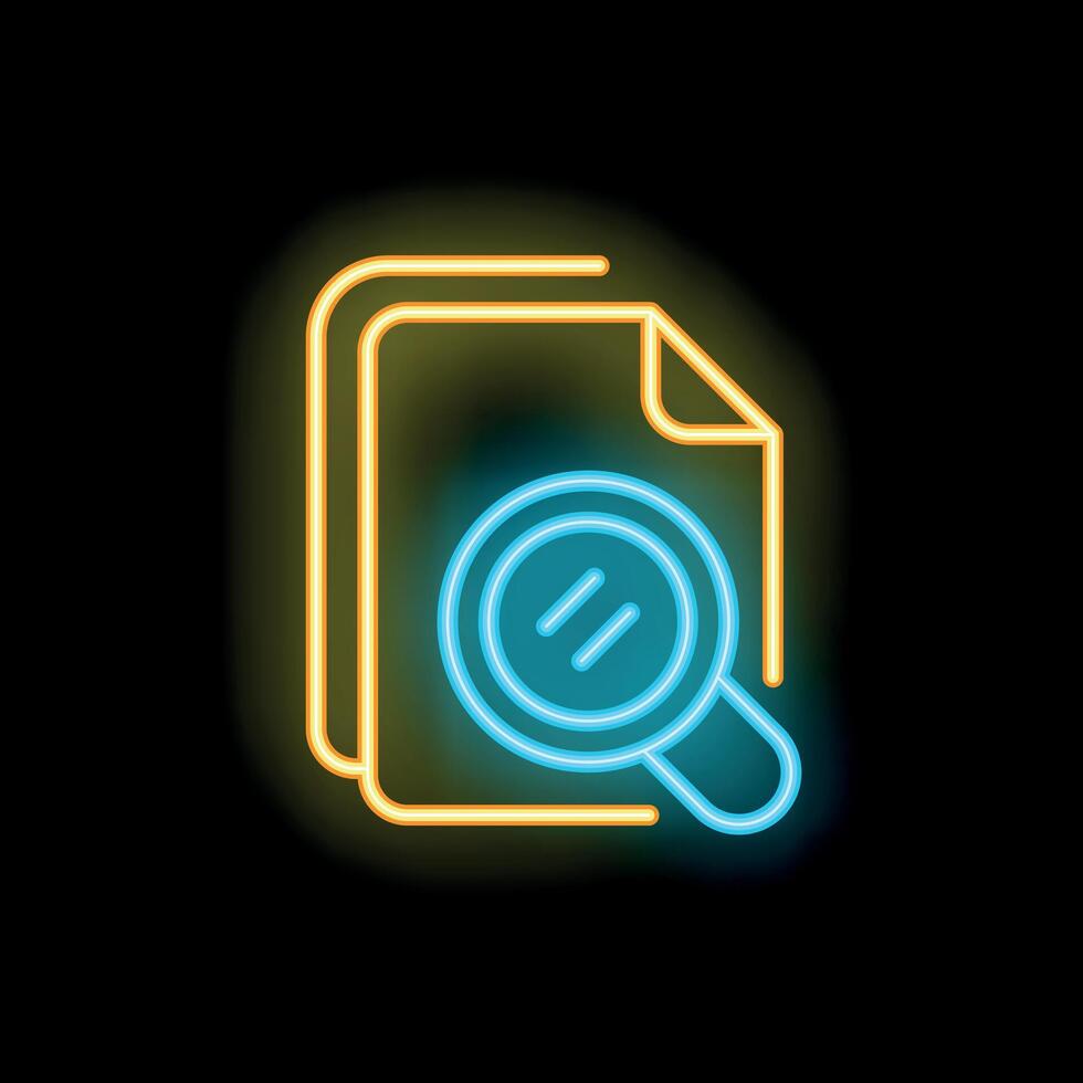 Magnifying glass searching through documents in neon light vector