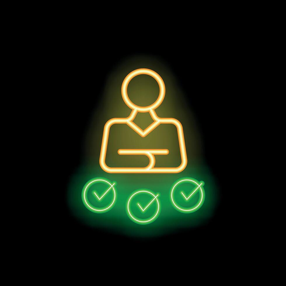 Businessman standing with arms crossed and check marks in neon style vector