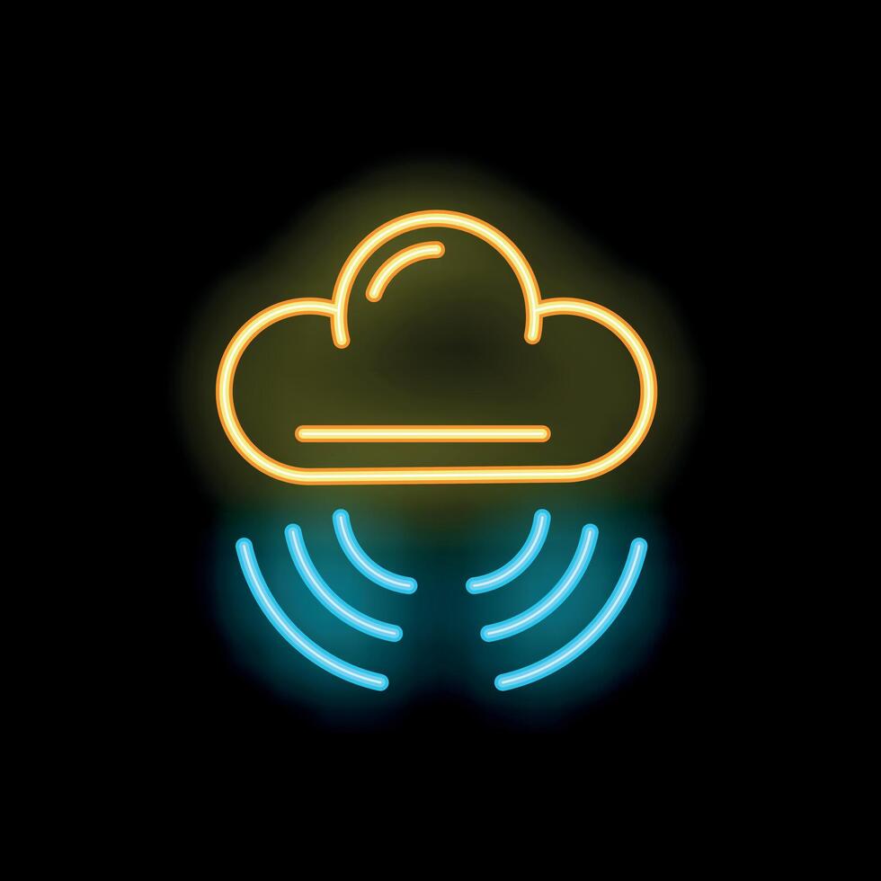Neon cloud computing icon emitting wifi signal on black background vector