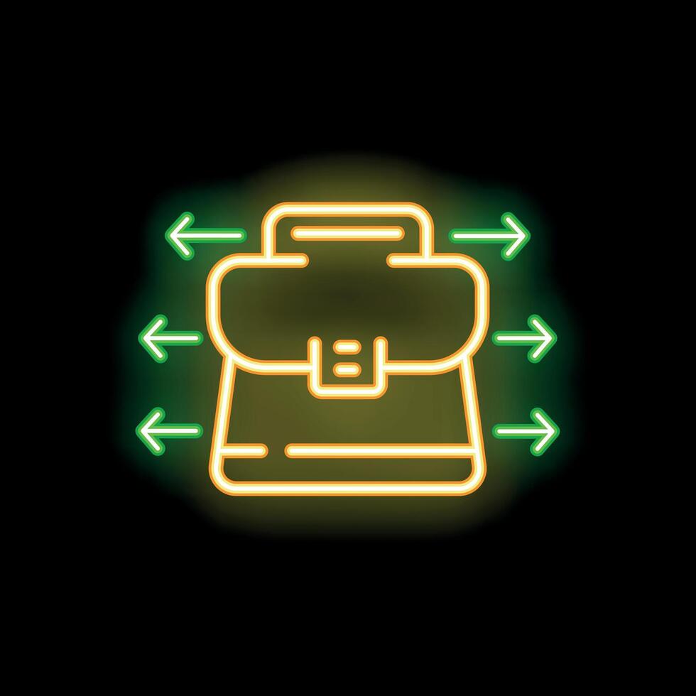 Neon briefcase surrounded by green arrows on a black background vector