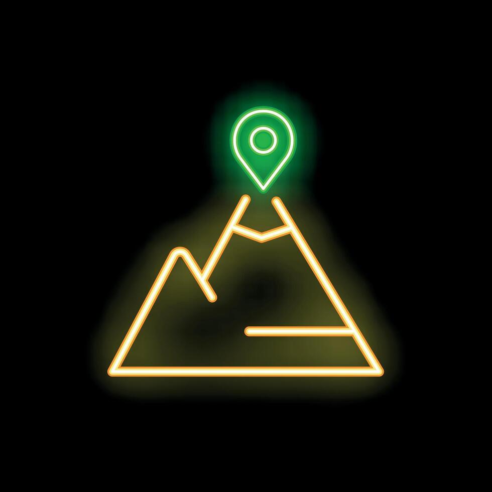 Neon sign showing location pin over mountain peak on black background vector