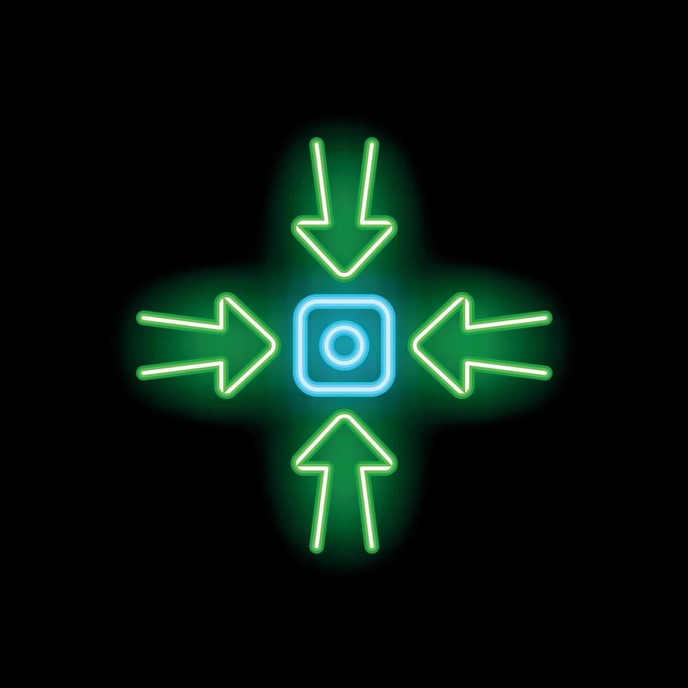 Neon arrows pointing at a blue square in the center on a black background vector