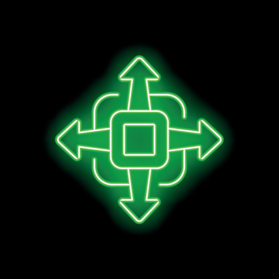 Green neon sign showing four arrows pointing in different directions vector
