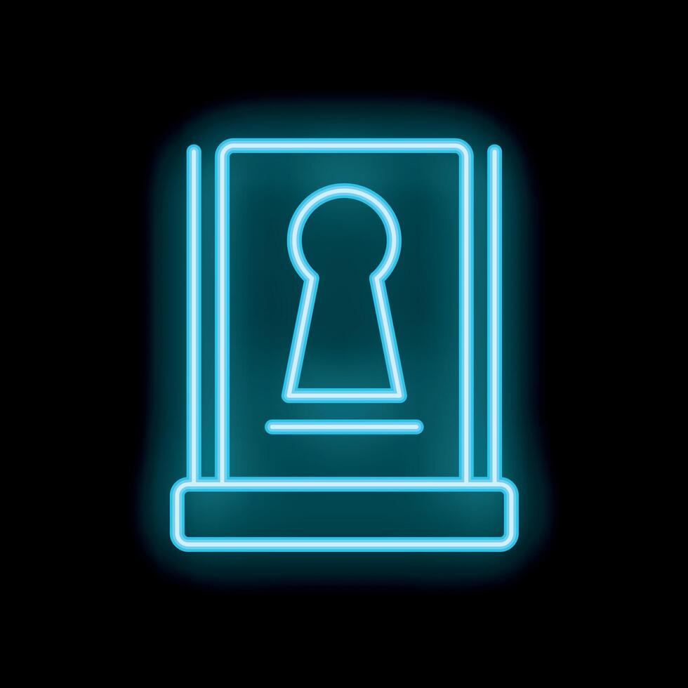 Blue neon sign showing a keyhole on black background vector