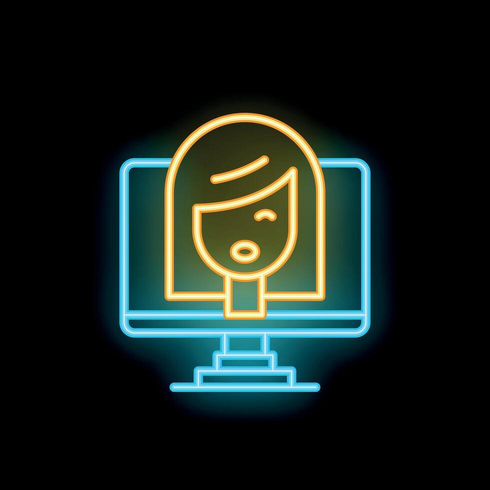 Neon icon of woman speaking through desktop computer screen vector