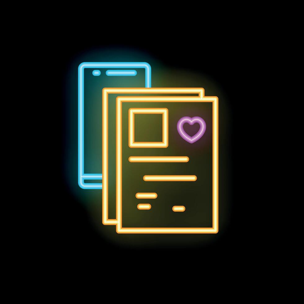 Neon icon of mobile dating app showing user profile with heart like vector