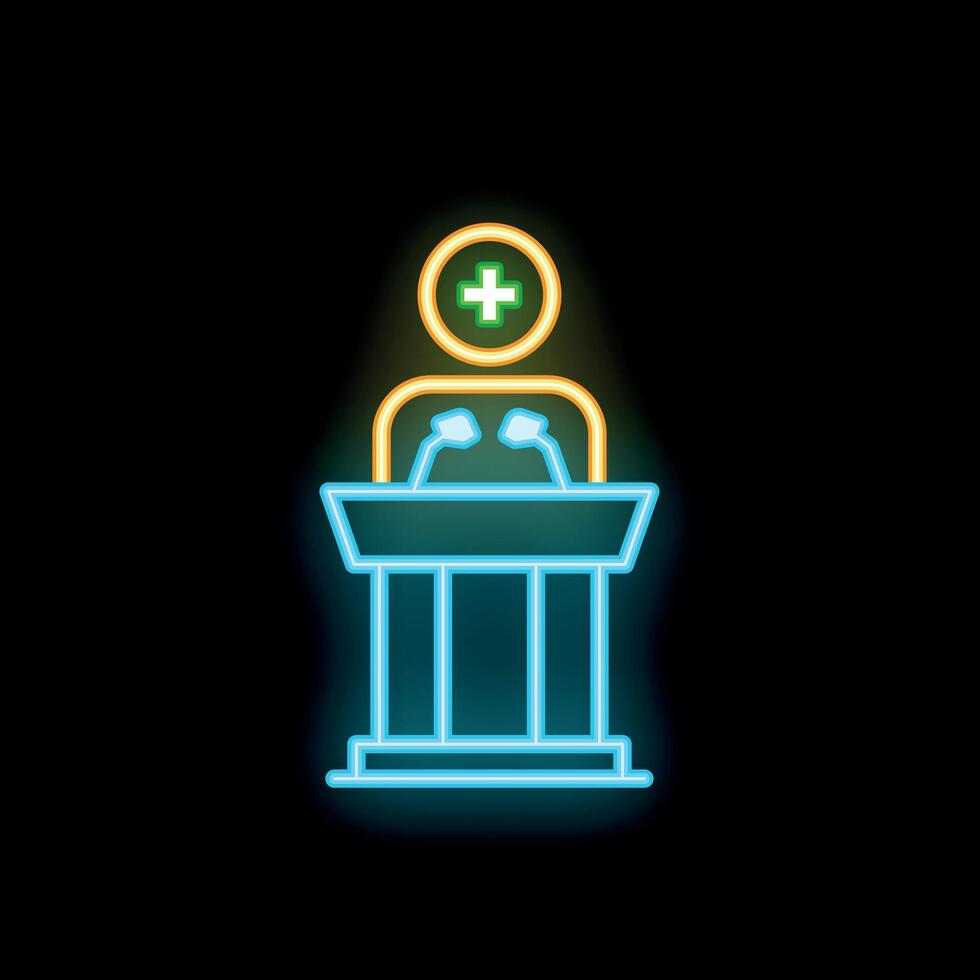 Neon icon of a public speaker with a plus sign above head giving a speech vector