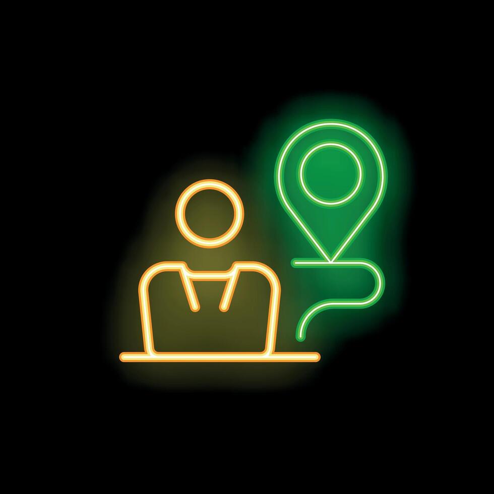 Neon icon of businessman standing at location pin vector