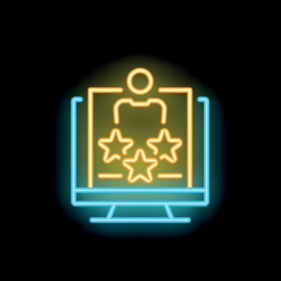Neon icon of computer displaying customer rating stars for online feedback vector